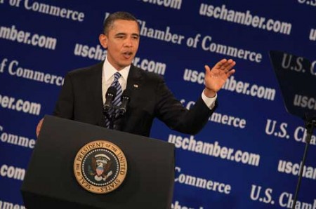 President Barack Obama speaks at the U.S. Chamber of Commerce on February 7 in Washington, D.C. He talked about the importance of working together on job creation and growing the economy. (Photo by Mark Wilson/Getty Images)