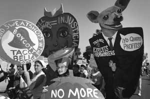 Marching protesters.